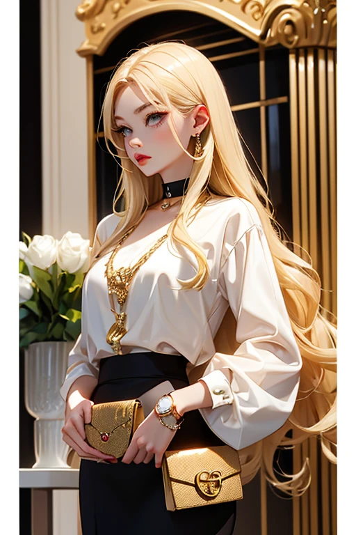 Blonde Long Hair、(Holding a Gucci clutch bag in one hand)、No watch、Gold Rings、Red Lip、Open pose、Center of gravity on the hips、White Setup、Business、Black choker、Organza long sleeves、fashionable、Champagne in one hand、Next to a vase