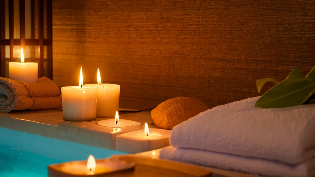 3D,8K,Relaxation Salon,Spa Resorts,Candles,Healing,aroma,Tropical,Brown and beige towels,natural