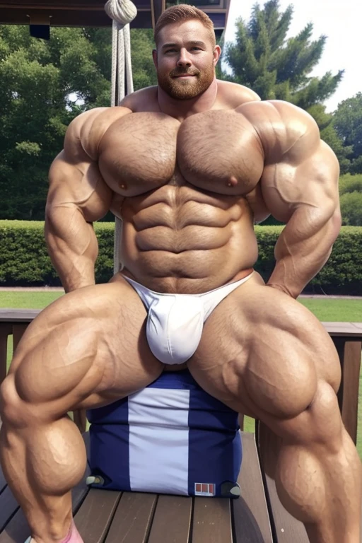 (1boy), (soft smile), tan skin, (muscular:1.7), (defined muscles:1.5), (beautiful:1.5), (handsome:1.4), (gorgeous:1.3), (ginger:1.3), flexed chest, white jockstrap, bowtie, (good face:1.5), (male model:1.3), beefy, bulky, matured man with a beard, rugged, hairy, strained muscles, Big muscular man with blue eyes and extremely defined vascular muscles, perfect six pack, (big package bulge:1.5), (hung:1.9), lean but ripped, big daddy, park background, naturalistic body, crossing arms, laying on deck chair