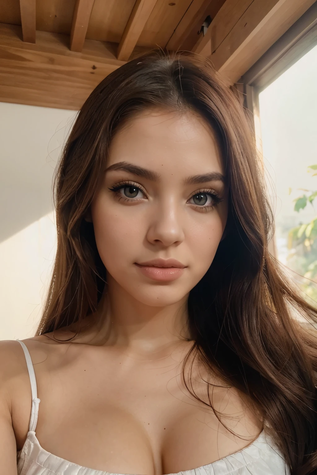 Foto garota tumblr, pinterest, para Instagram,
estilo selfie de perfil de rosto perfeito, linda, extremamente realista, com detalhes da pele, dos olhos e fios de cabelo, russa de 18 anos ruiva de olhos azuis claros cabelo na altura da cintura, beleza estilo da Jade Picon, Luana Piovani, labios de Angelina Joulie, dietada na cama, "face down, head resting on hand, com olhar sedutor