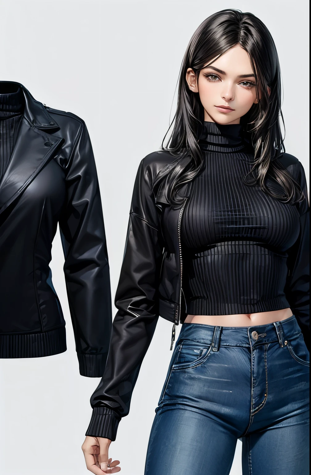 ((melhor qualidade)), ((obra de arte)), (detalhado), rosto perfeito mulher magra com black jeans and a turtleneck sweater. The jacket was a thin black windbreaker, the background is a fashion studio