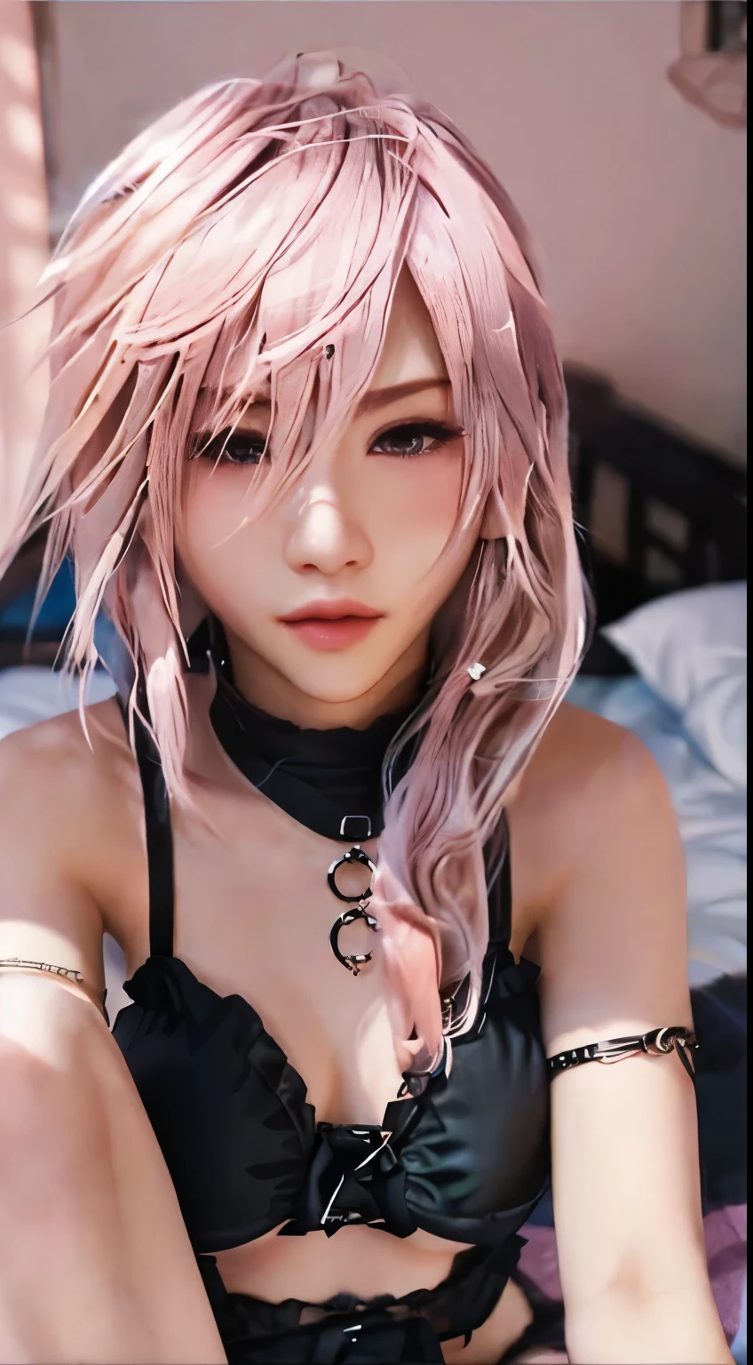 masterpiece、highest quality,、Pink Hair、(Close your eyes 1.4)、whole body、Black Bikini、blush、Embarrassed、Lying in bed、Kissing Face