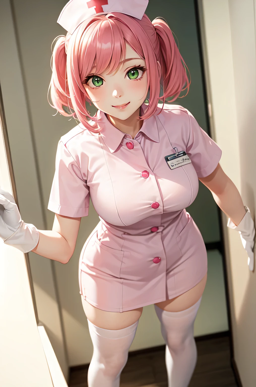 1woman, solo, nurse, white nurse cap, white nurse uniform, ((white legwear, zettai ryouiki)), white gloves, pink hair, green eyes, drooping eyes, pink lips, smile, standing, ((hospital room)), sharp outline, short sleeves, mature female, 32 years old, best quality, masterpiece