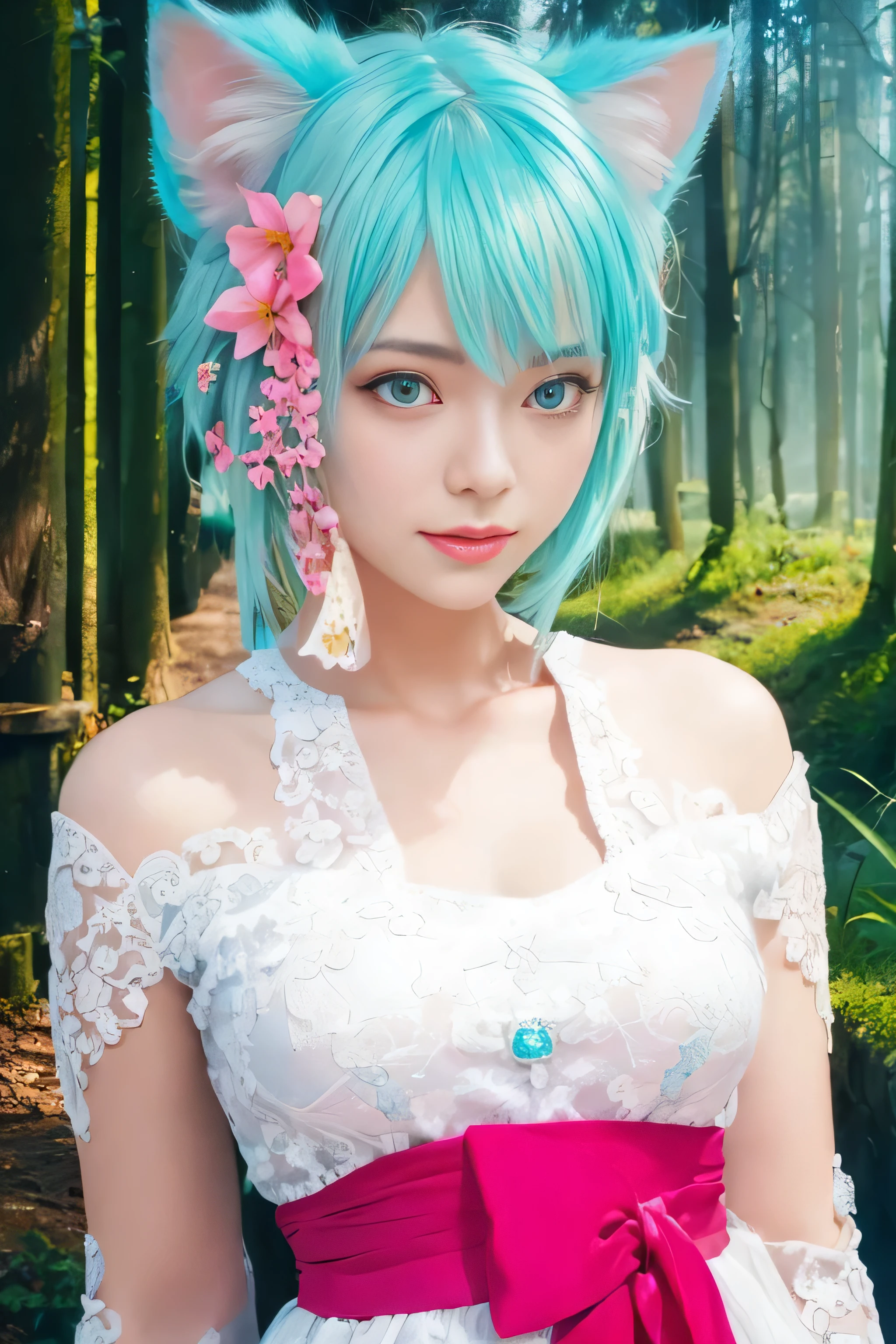 masterpiece, best quality, (realistic,photo-realistic:1.4), (RAW photo:1.2), extremely detailed CG unity 8k wallpaper, delicate and beautiful, amazing,finely detail, official art, absurdres, incredibly absurdres, huge filesize, ultra-detailed,extremely detailed eyes and face,light on face,sinon,(little smile),(cyan hair:1.4),(short hair:1.6),(wearing white dress:1.5),,nature,cat ears