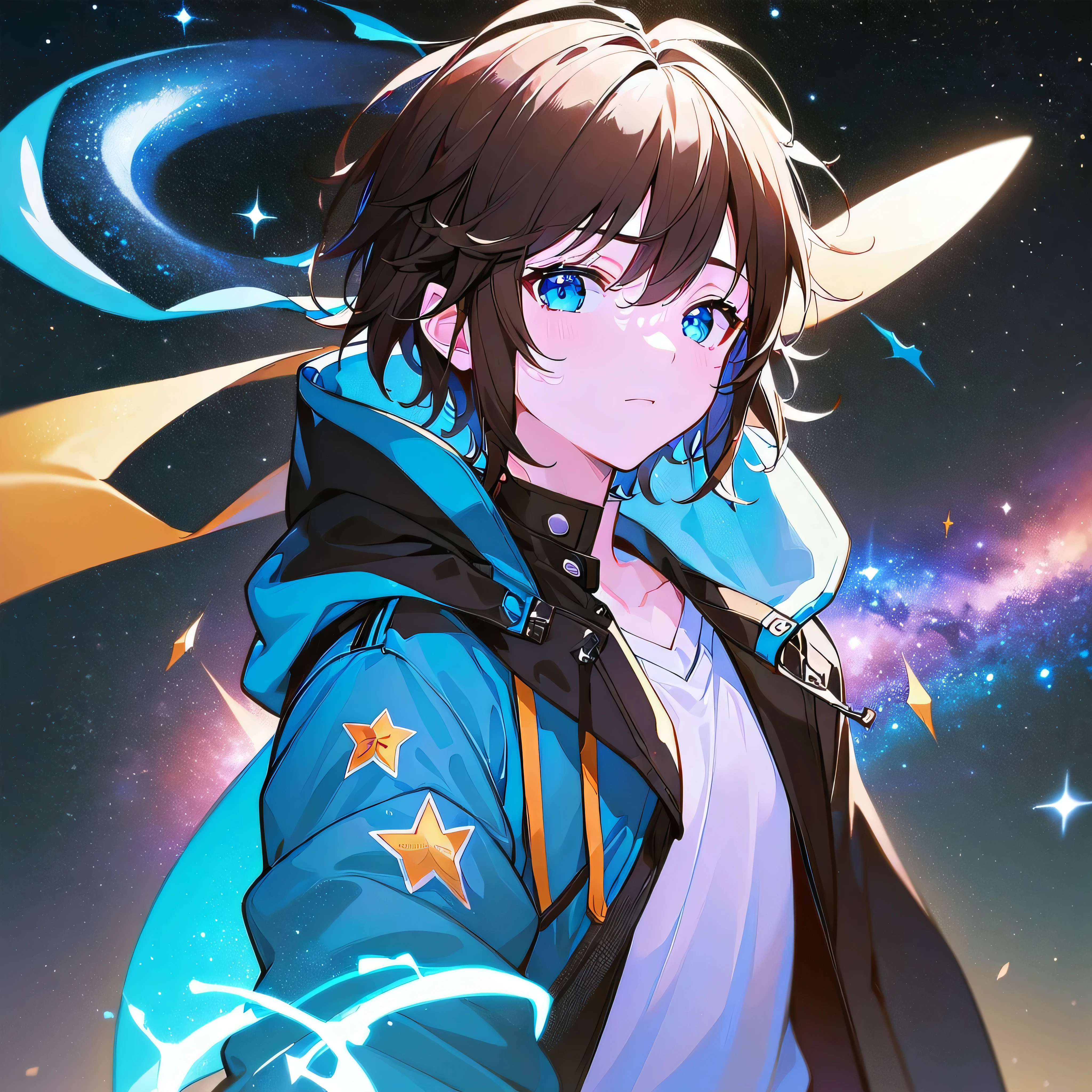 [(ATMOSPHERE GALAXY:1.5),::5], ((((masterpiece)))), high quality, very_high_resolution, large_filesize, full color, ((younger boy)), 13 old year, ((short brown hair)), vivid color, ((Blue eye)), Parka, (upper body), ((flying The GALAXY)), (star effect), anime style