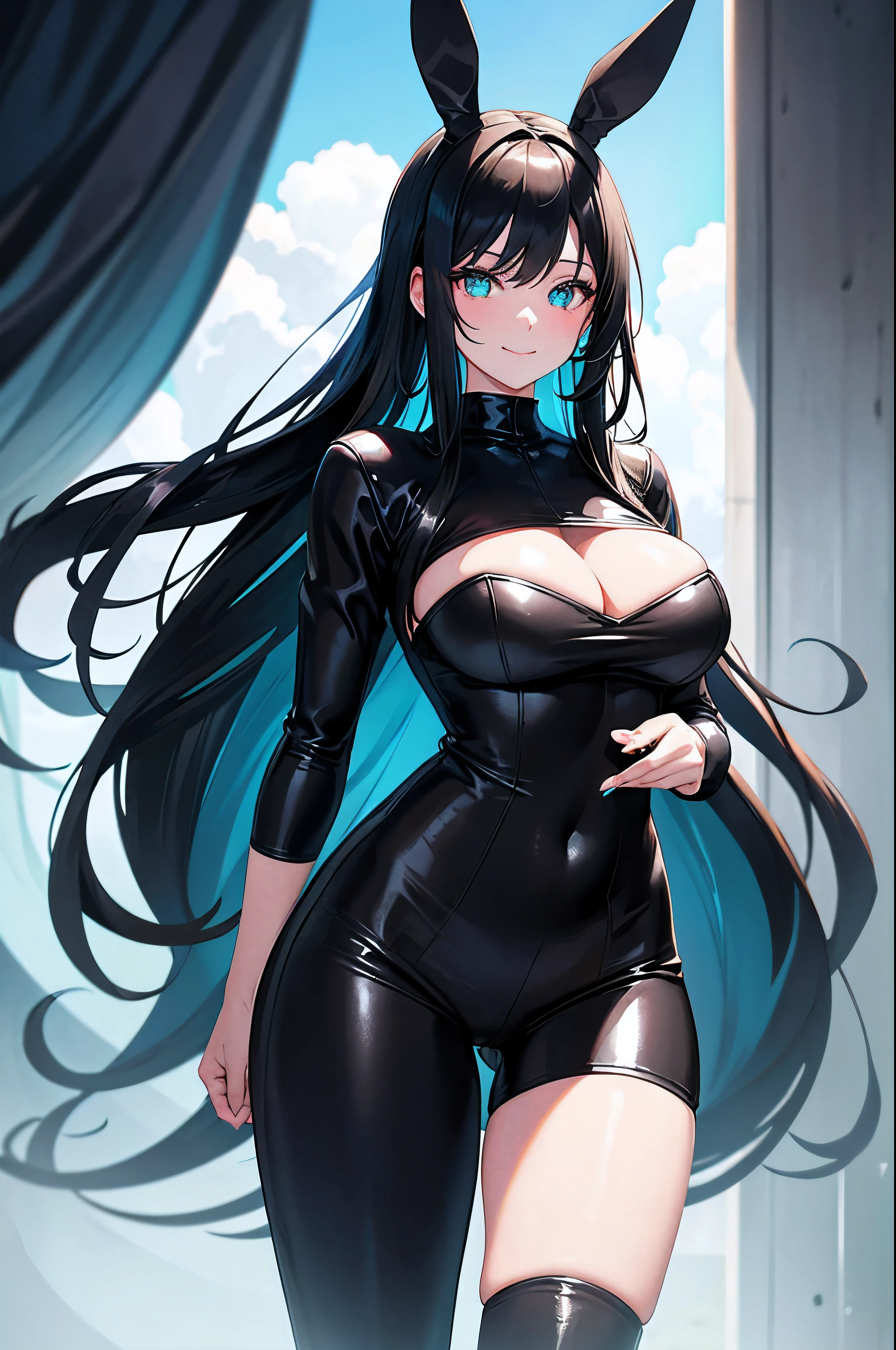 Adult woman, Long black hair, high ponytail, bunny ears, turquoise eyes, black skintight clothes, ssmile, Masterpiece, hiquality wide hips ,cowboy shot , large breasts , sexy