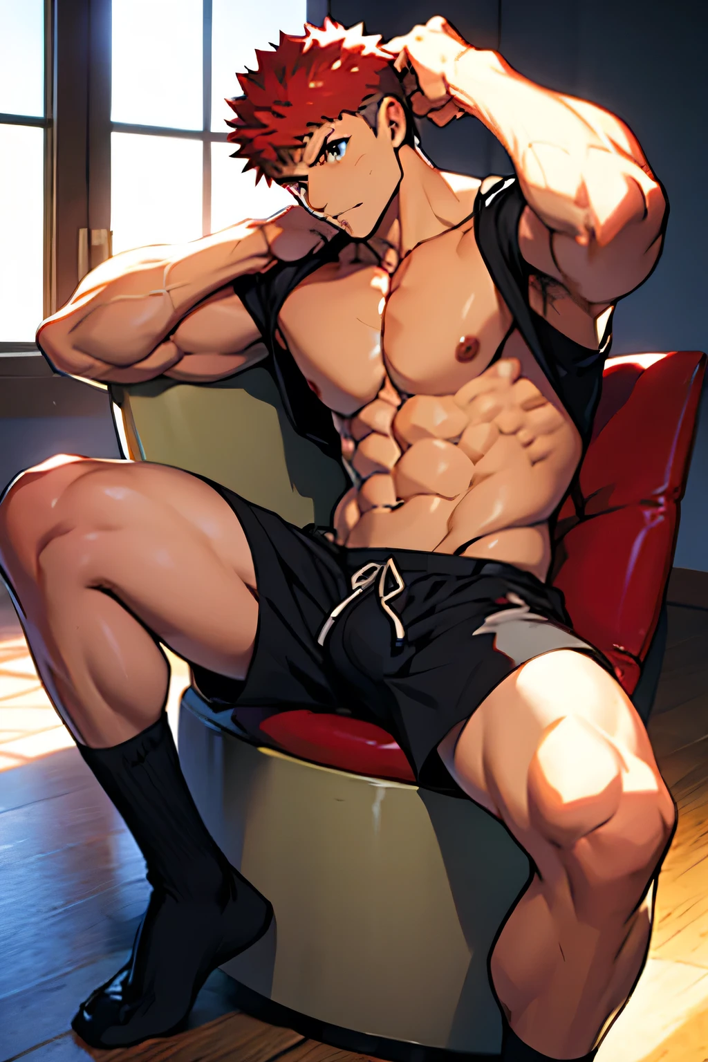 Emiya Shirou is sitting and flexing his calve muscles. He is wearing black boxershorts