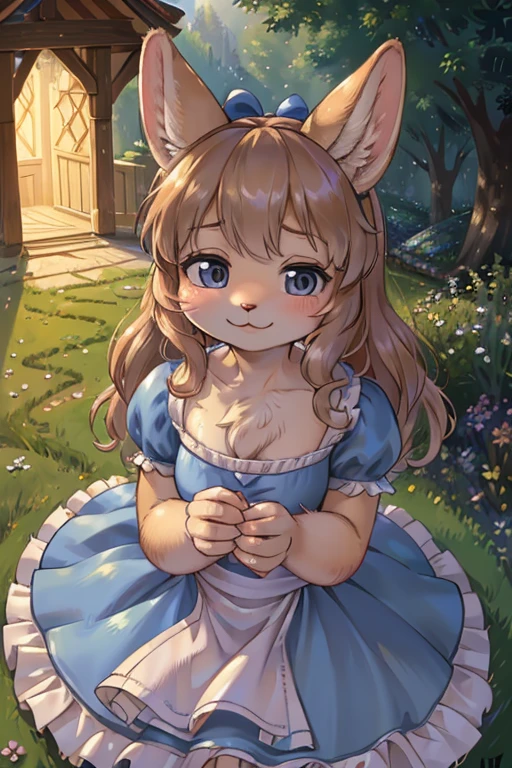 draw by  Renoir , hairy bunny mom , (realistic hairy bunny fur:1.5) , round face , (tilt face:1.2) , (half-open eyes:1.5) , moist round eyes , Swollen cheeks , Seduction smile , glossy lips , Curly hair , princess dress , Alice in Wonderland , twilight , Adorable gestures , dynamic angle , nag factor , Gently guide , labyrinth , can not stand it any longer