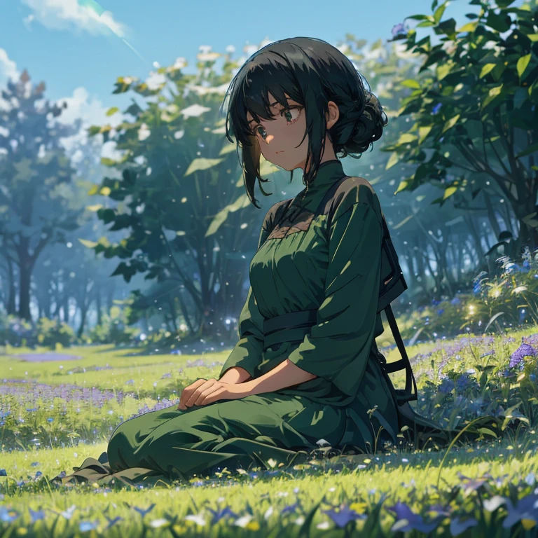 anime,1girl with long black hair sitting in a field of green plants and flowers, her hand under her chin, warm lighting, bluesky dress, blurry foreground