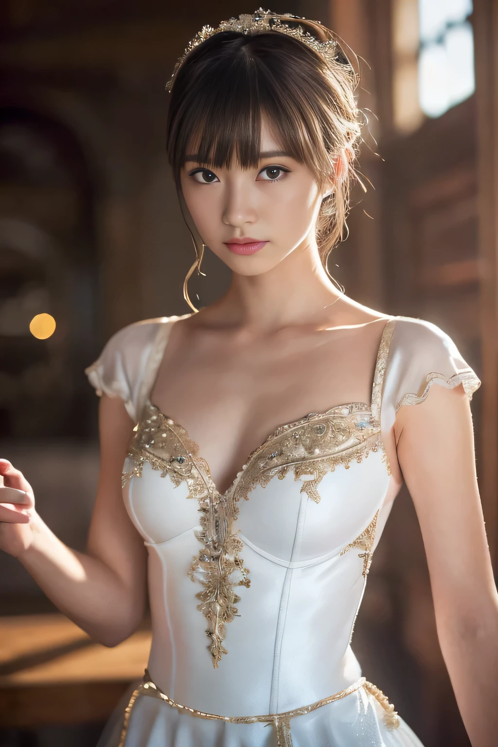 ((Tabletop:1.4, highest quality)), (Realistic photos:1.4),
((1 girl)), (Adorable Idol), (dream-like),
(超High resolution:1.2), Very delicate and beautiful, wonderful, Very detailed CG Unity 8k wallpaper, Very detailed, High resolution,
Soft Light, Beautiful detailed girl, Very detailedな目と顔, Beautiful and detailed nose, Beautiful and detailed,
(Wearing a white ballet costume, Long Skirt:1.3),
Cinema Lighting, Perfect Anatomy, Slender body,
(I'm practicing ballet:1.3), (Beauty like a Degas painting),
Cowboy Shot, (Serious face)