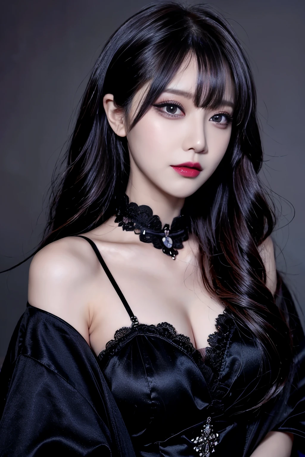 2girls、best quality、ultra-detailed、4k、Japanese、Seductive beauty、seductive adult woman、Pretty Woman、cool girl、Villainess、Brainwashed、brainwash、Fallen into evil、smirk、Evil look、Wicked Smile、evil、Brown hair、wavy hair、swept bangs、dark makeup、dark makeup、piercing eyes、hollow eyes,half-closed eyes、Hollow Eyes、Purple Eyeshadow、black lipstick、black lipglos、Long Black Cheongsam、Wide sleeves、night、Eerie Citadel、makeup brush、Make up、Are standing、