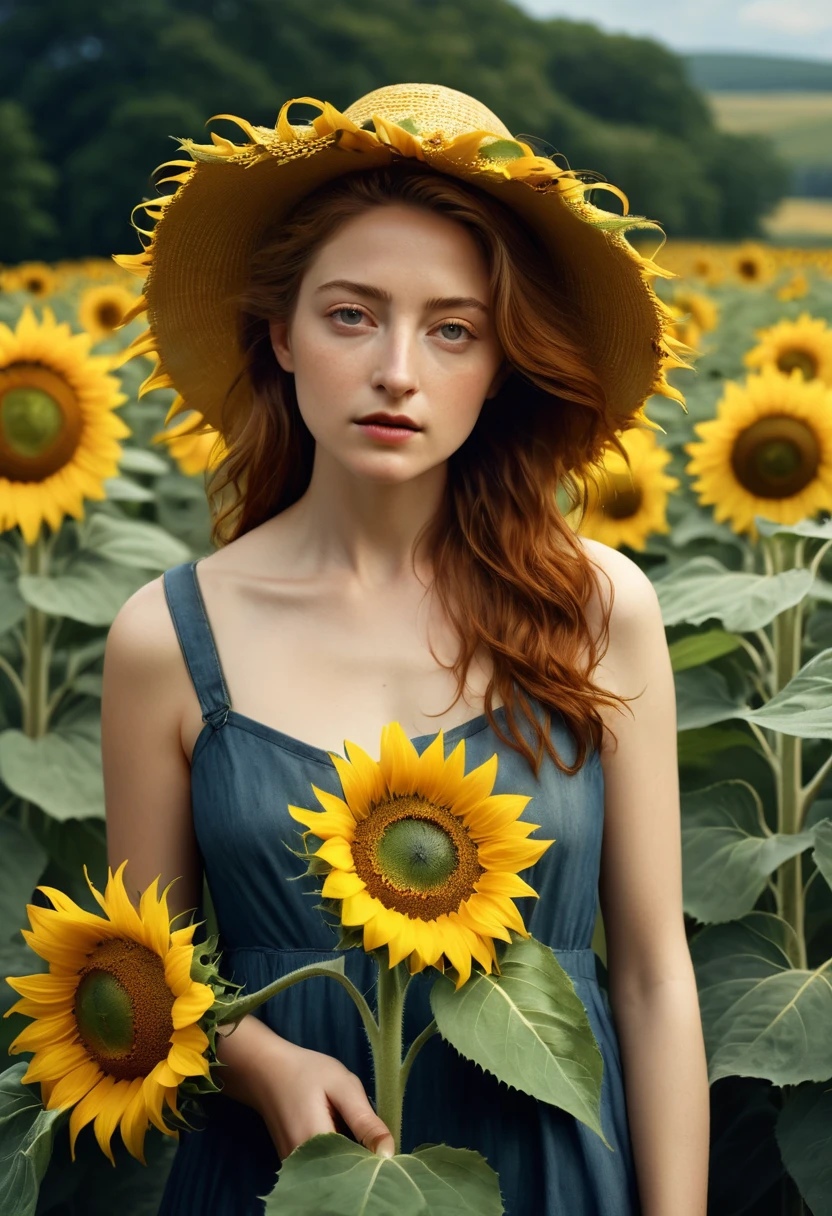 create an image of Sunflower Girl, realistic style, cinematic, masterpiece professional pure art photography, minimalist, MasterPiece Annie Leibovitz style,cinematic