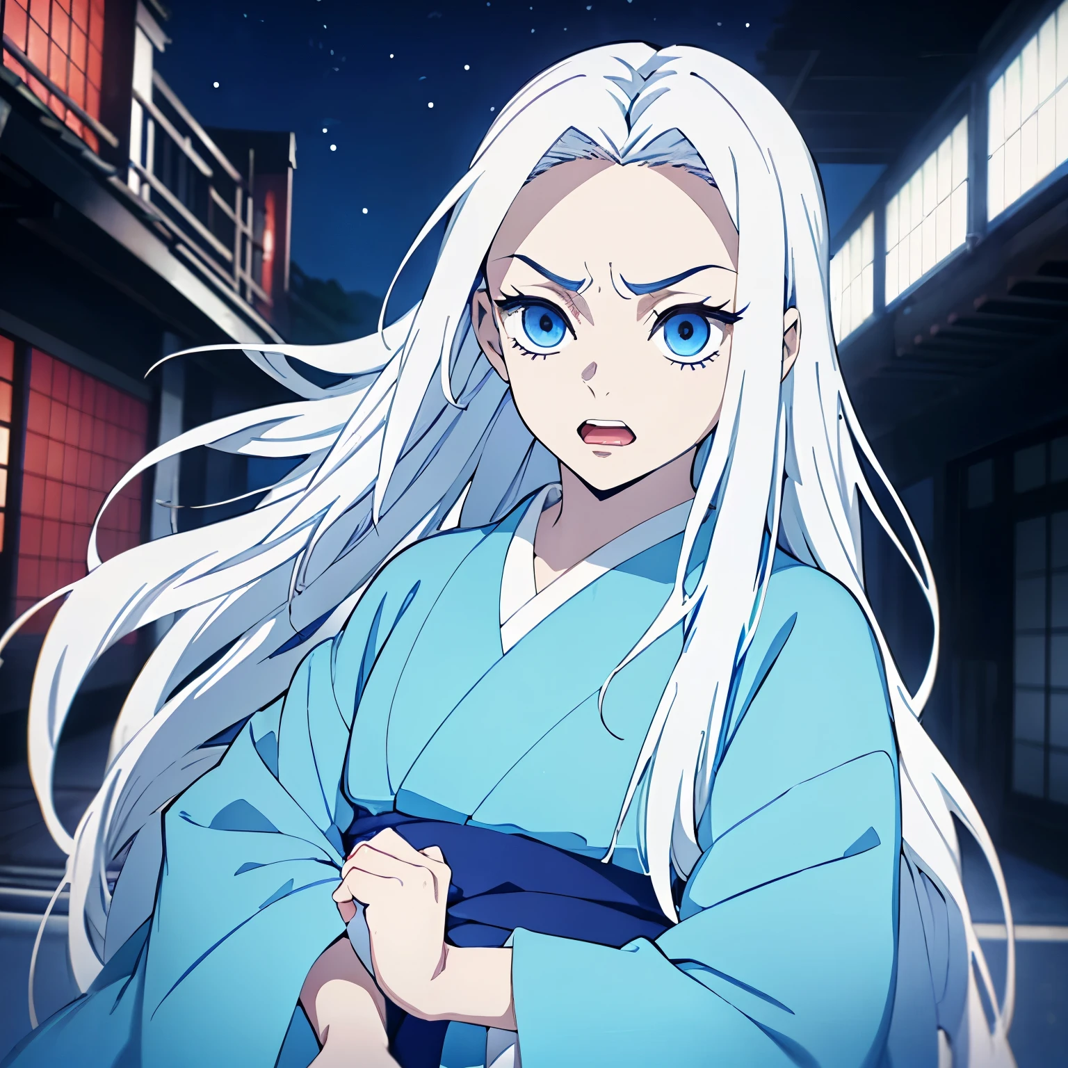 (1 girl, White long straight hair, blue eyes), blue kimono, white hair, (from front), face focus, ((opened mouth)), a angry look, shout, (half-up half-down hairstyle), Japanese animation color style, vivid colors, from front, front shot, night time, (16 years old girl), big room,