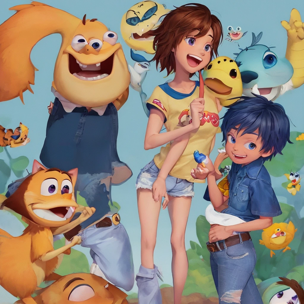 Imagem Disney Pixar. A , olhos azuis, cabelo curto, cacheado e marrom claro, pele clara, short jeans e blusa colorida, 
sorriso largo e fofa.