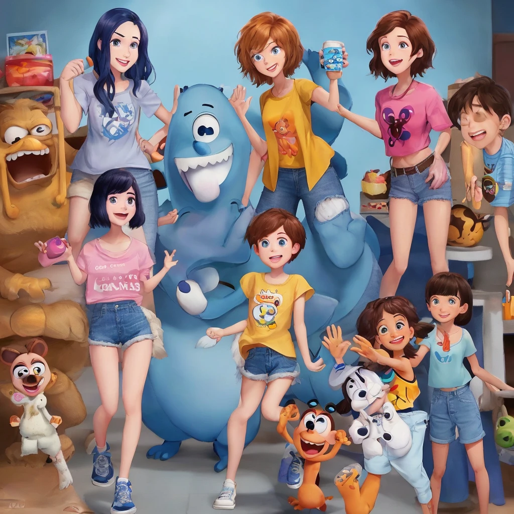 Imagem Disney Pixar. A , olhos azuis, cabelo curto, cacheado e marrom claro, pele clara, short jeans e blusa colorida,
sorriso largo e fofa.