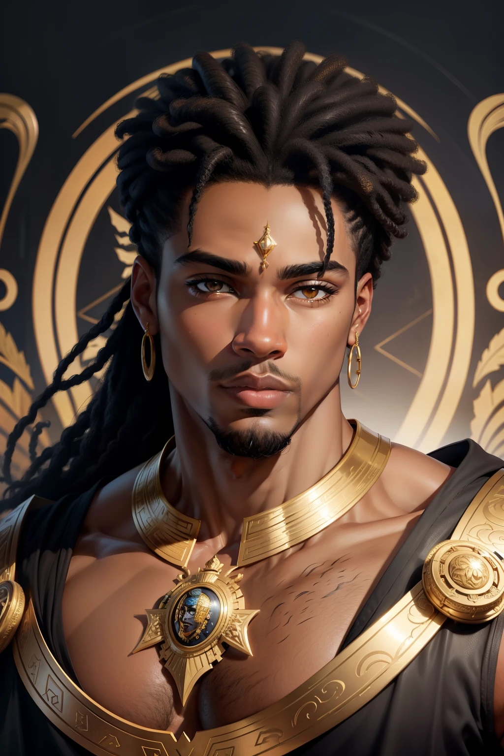 Painted portrait of a fitted Apollo, God of beauty, African American God, African American male beauty, Black hair, big expressive eyes, Big lips, Golden skin, Handsome men, young, Insanely handsome, Upper body, muscular, Hairy torso, Fantasy, Convoluted, Elegant, Highly detailed, Digital Painting, Art Station, Concept art, Soft, Sharp Focus, Illustration, Art by Bruno B