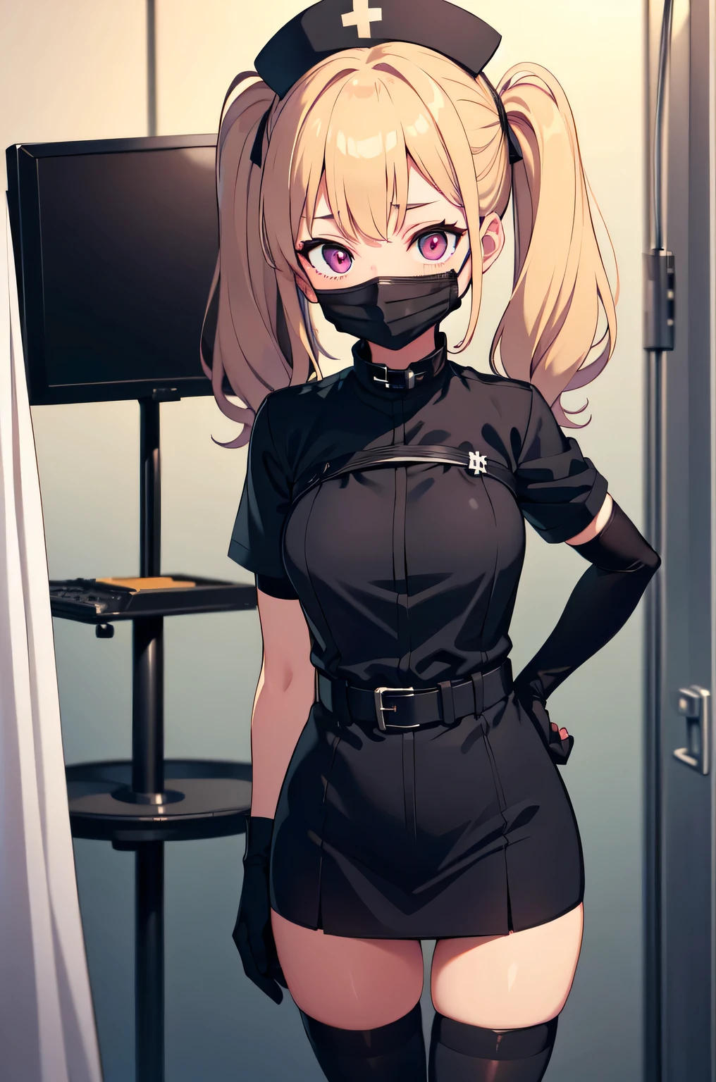 black nurse, 1girl, solo, black nurse cap, black nurse uniform, ((black legwear, zettai ryouiki)), black elbow gloves, twintails, yellow hair, purple eyes, ((black surgical mask, covered nose)), standing, ((surgery room)), sharp outline, short sleeves, best quality, masterpiece