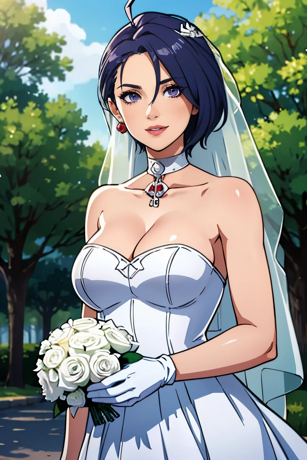 1girl, solo,Shamir fe, crown,earrings ,lipstick, eye shadow, makeup, hair between eyes, ahoge, hair ornament, gloves, dress, cleavage, bare shoulders, collarbone, white oprea gloves, white gloves, white dress, strapless, white choker, tiara, veil, strapless dress, wedding dress, bridal veil, beautiful woman, perfect body, perfect breasts, wearing a wedding dress, ball gown, in the park trees, wedding decorations, looking at the viewer,  smile, realism, masterpiece, textured skin, super detail, high detail, high quality, best quality, 1080p,