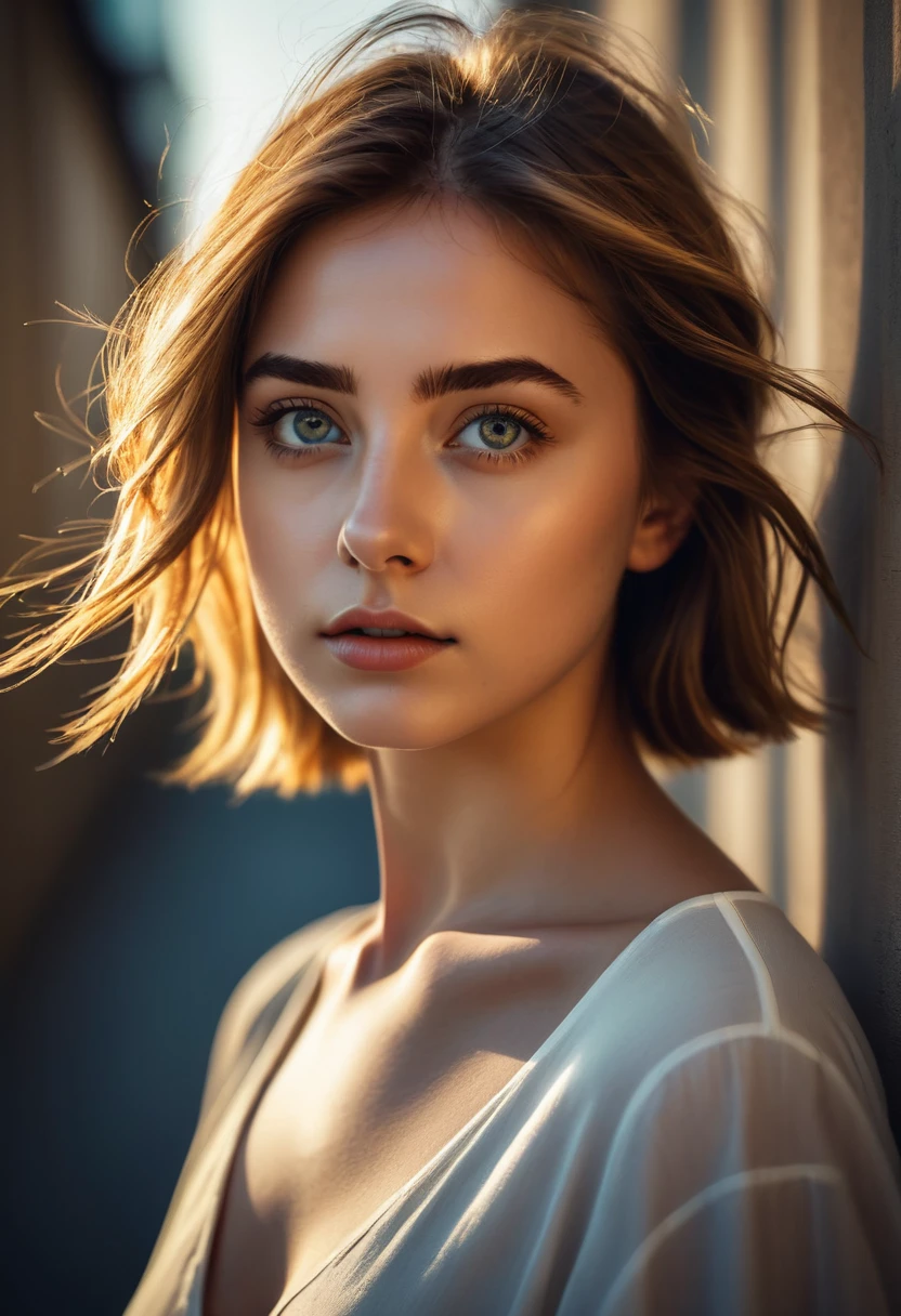 Sunflower Girl with European look, realistic style, cinematic, masterpiece professional pure art photography, minimalist composition with leading lines, eyes as the focal point, dramatic side light