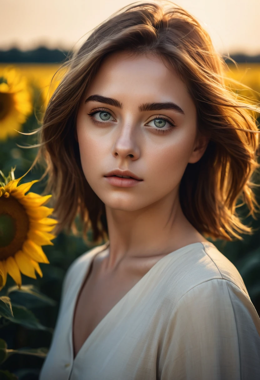 beautiful realistic girl with freckles and skindetails in flower field during golden hour, skin with beautiful nostalgic mood and freckles with emotive face with wet skin and petals falling