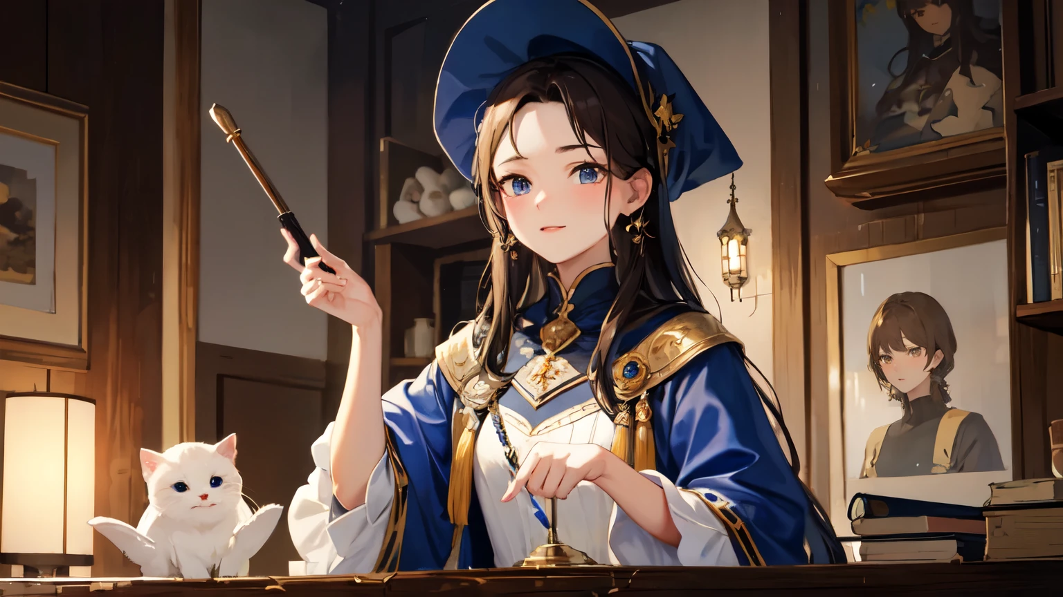 ((highest quality)), ((masterpiece)), (detailed), Cute , Wizard's Clothes, Wizard's Hat, universe, star, Red Eyes, bell, Green medium-long hair, Magic book,