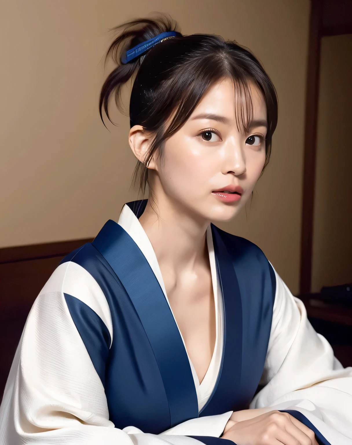 (kimono, Webbing, Complex Blue:1.4),
((highest quality, 8k, masterpiece: 1.3)), Perfect body beauty: 1.4, (Breast A cup:1.2), Small breasts, Round shaped breasts, Perfectly shaped breasts, Highly detailed face, Beautiful woman, (Dark brown shortcuts), Slim face, Highly detailed face and skin texture, Highly detailed lips, (Realistic:1.4),

((30 years old, Beautiful Married Woman:1.2)),

((Laying a white futon in a Japanese-style room, Sit on the futon with your legs stretched out, Love scene:1.2)), 
((Dark room, Lantern:1.2)), 
((Blushing)),
((Breast enlargement,Flat Chest:1.2)),

Narrow shoulders, Long, slender legs, Thin waist, 
Ultra-detailed skin, Glossy Skin, Ultra detailed face, 
Ultra-detailed eyes, Slit eyes, Brown eyes, double eyelid, Beautiful thin eyebrows, Thin, long eyelashes, 
Ultra-detailed lips, Fuller lips, Glossy pink lips, Flushed Cheeks, White teeth, 
Beautiful actress&#39;s languid make-up, Pink lipstick, Smoky eyeshadow, Eye foundation, 
Dark brown hair, Delicate and soft hair, Hair blowing in the wind, 
(Elegantly putting your hair up, short hair, ponytail:1.5), Layered Cut, (Blunt bangs:1.2),
