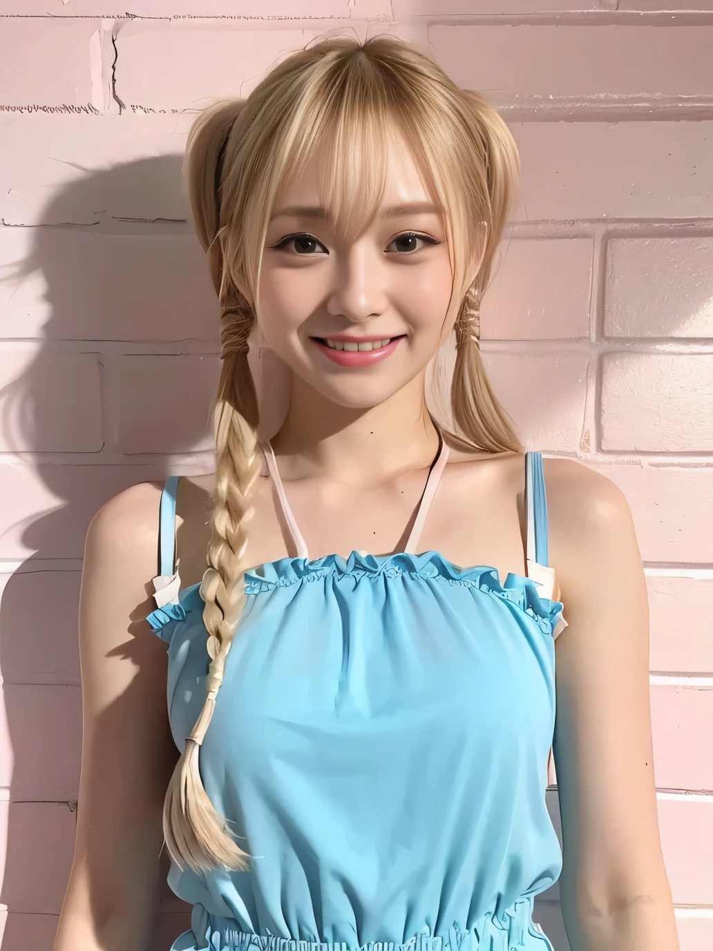 (highest quality、8k、32k、masterpiece、Hmph:1.2)、17 years old、Blonde、Cute Japanese Women Photos、thin、slender、1 girl、(Twin tails)、(Small Tits)、double eyelid、 Pink bandeau dress:1.1,Thighs、Light blue wall、whole body、smile、sexy