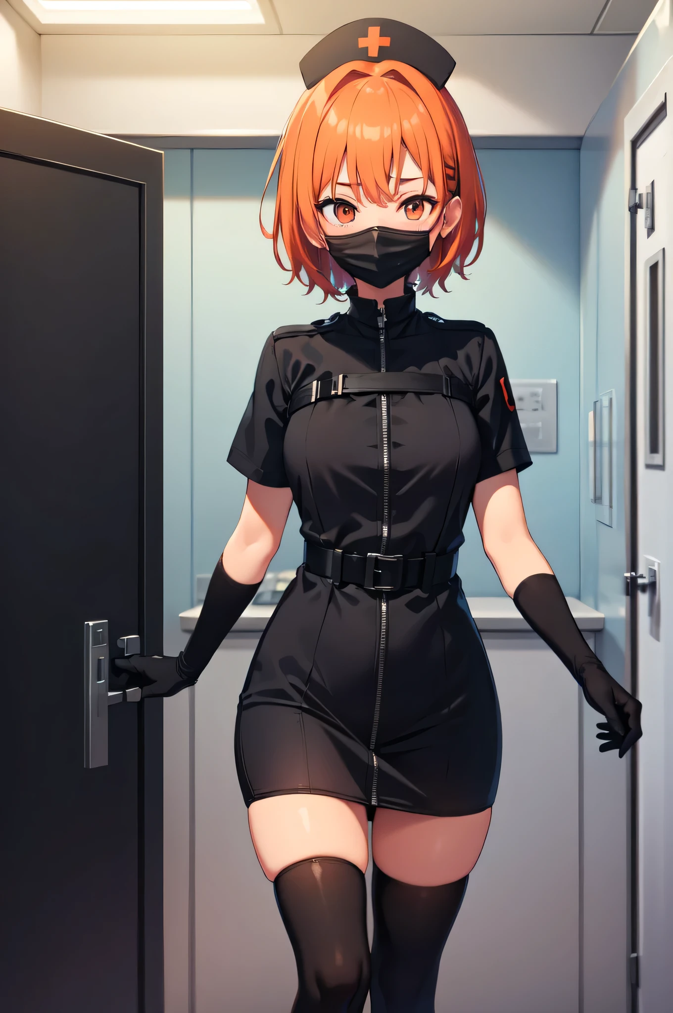 black nurse, 1girl, solo, black nurse cap, black nurse uniform, ((black legwear, zettai ryouiki)), black elbow gloves, very short hair, orange hair, ((black surgical mask, covered nose)), standing, ((surgery room)), sharp outline, short sleeves, tomboy, boyish, best quality, masterpiece