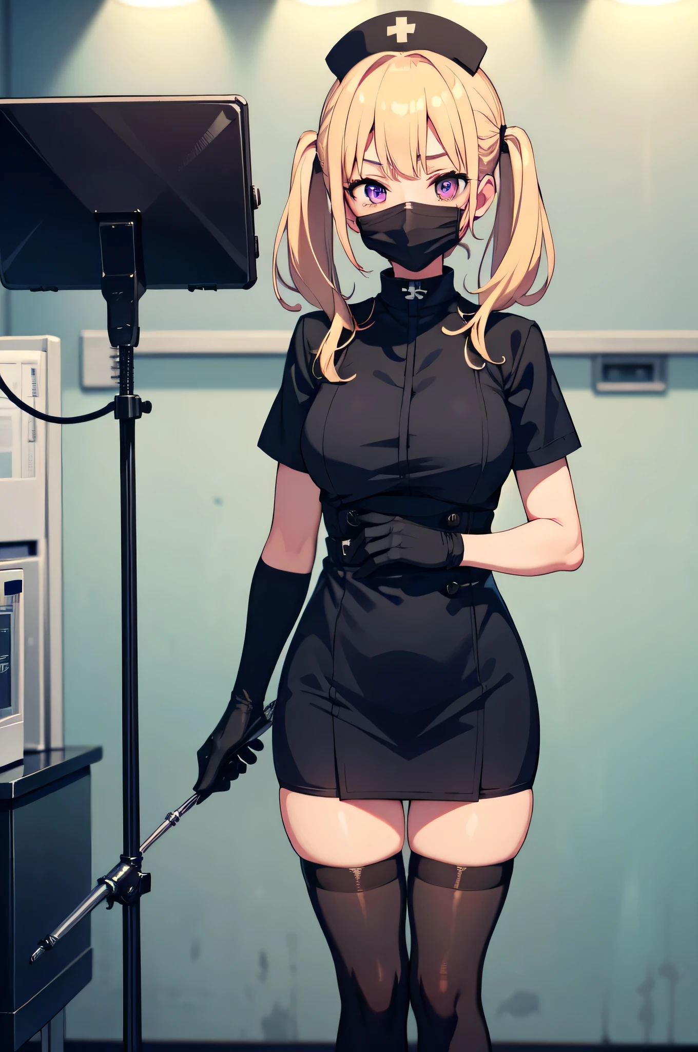 black nurse, 1girl, solo, black nurse cap, black nurse uniform, ((black legwear, zettai ryouiki)), black elbow gloves, twintails, yellow hair, purple eyes, ((black surgical mask, covered nose)), standing, ((surgery room)), sharp outline, short sleeves, best quality, masterpiece