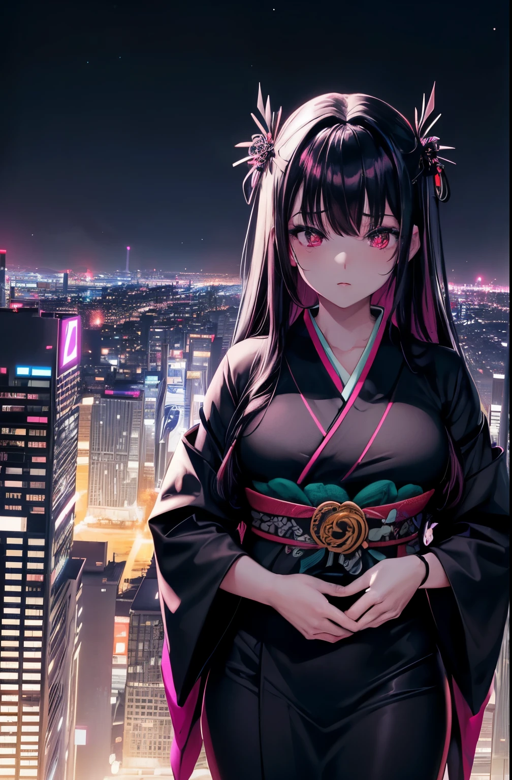 anime, (obra de arte, melhor qualidade, ultra-detalhado, alto contraste), 1 mulher (Sozinho, corpo todo, corpo plus size, standing on the edge of the skyscraper, cabelo prateado, CABELO LONGO E FLUXO, olhos vermelhos brilhantes de rubi, (Kimono preto, black cybernetics with neon pink), meias pretas transparentes), (skyscraper roof, com vista para uma cidade, fundo detalhado ((night time, Darkness, low light pollution)))