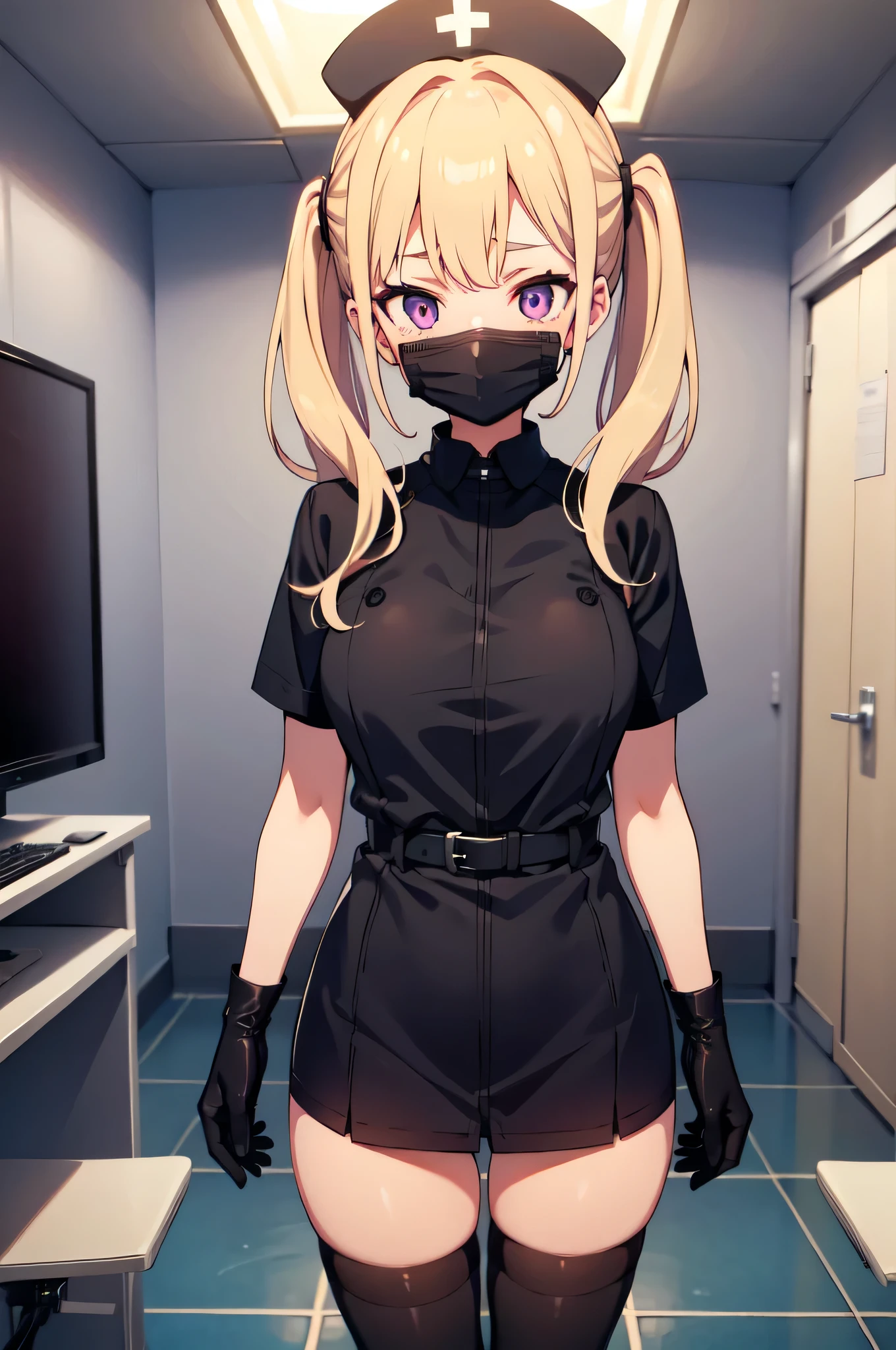 black nurse, 1girl, solo, black nurse cap, black nurse uniform, ((black legwear, zettai ryouiki)), black elbow gloves, twintails, yellow hair, purple eyes, ((black surgical mask, covered nose)), standing, ((surgery room)), sharp outline, short sleeves, best quality, masterpiece