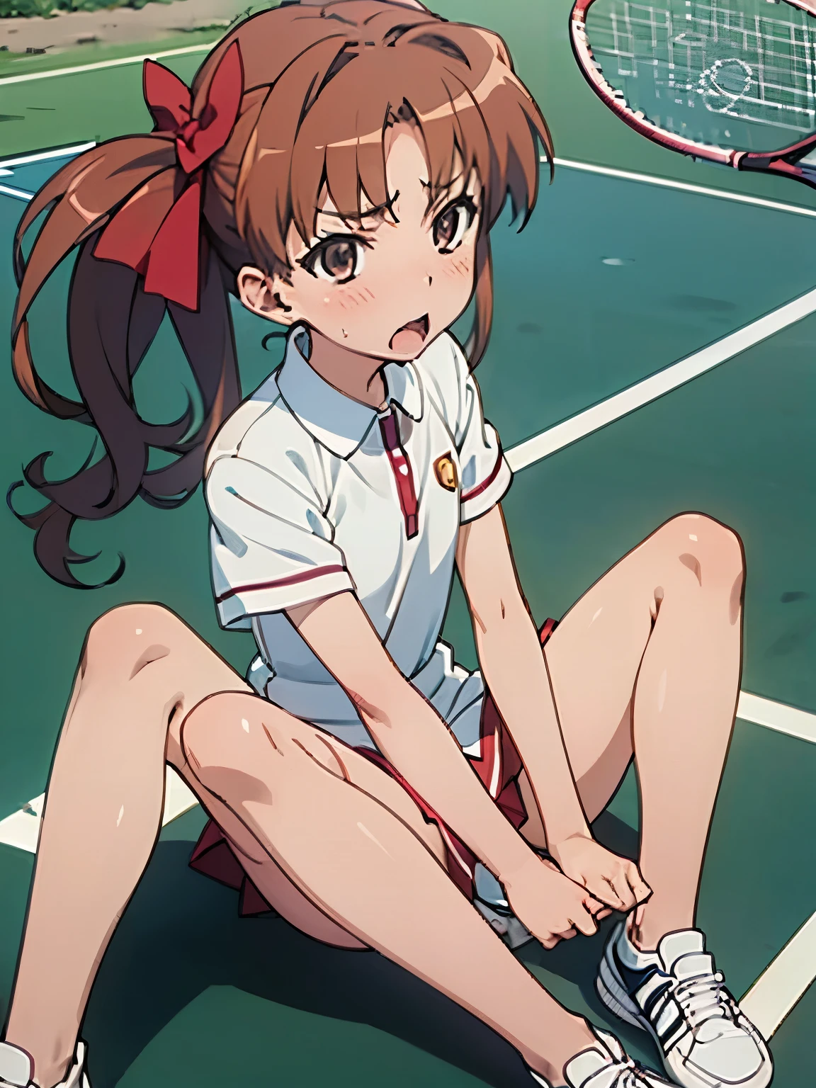 NSFW,shirai_kuroko,Tennis Wear,Micro Mini Skirt,Surprised,blush,Tennis court,(Perfect hands),(Perfect Anatomy),(masterpiece),(highest quality),Sitting