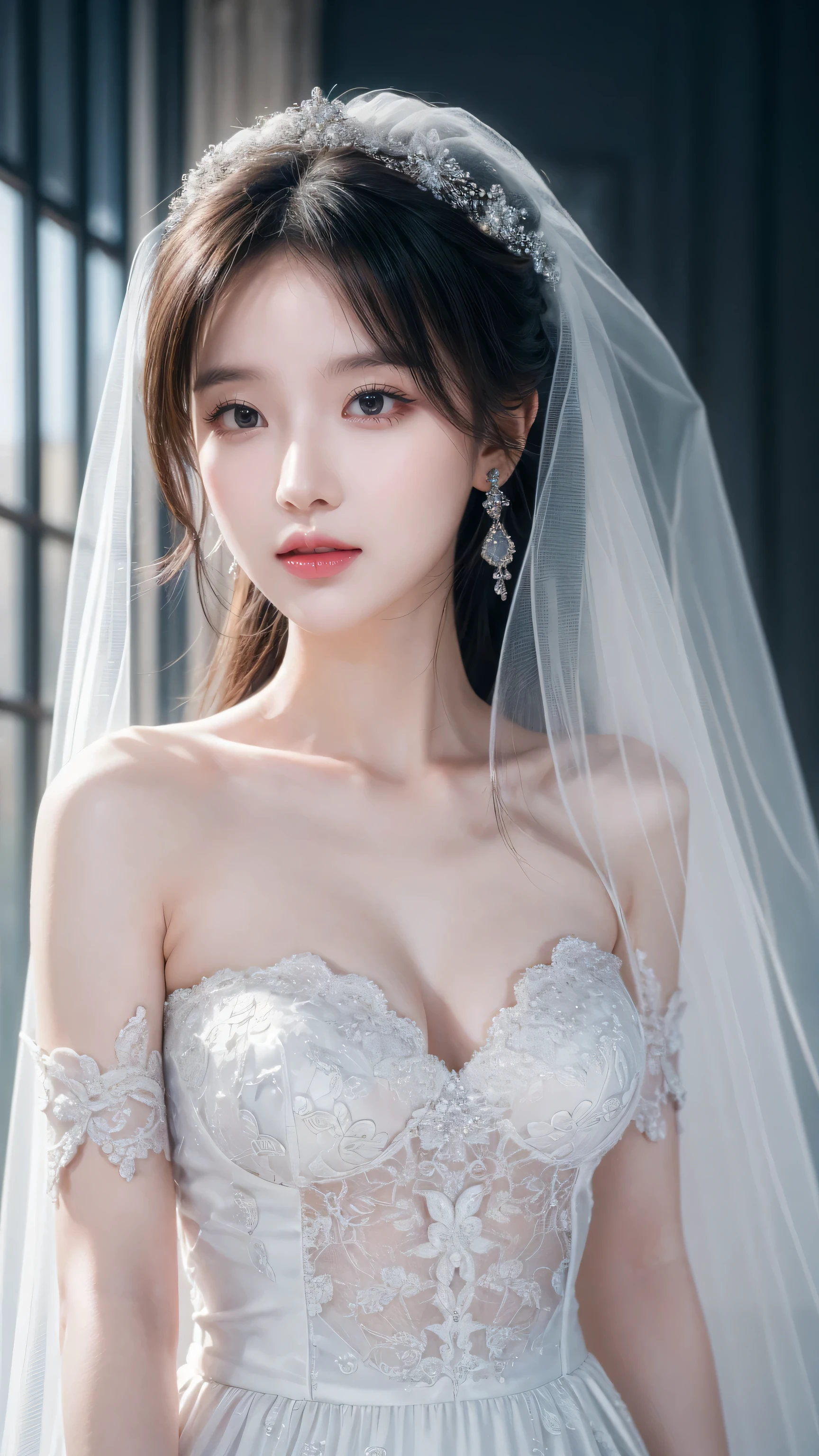 (masterpiece), best quality, best quality, Highly detailed CG Unity 8k wallpaper, The original, high resolution, (Depth of Field: 1.5), Honesty: 1.3, breast, bride portrait style, 1 girl, curtain, veil , bridal veil, Wedding dress, curtain, jewelry, Solitary, earrings, teeth, bride, Black_hair