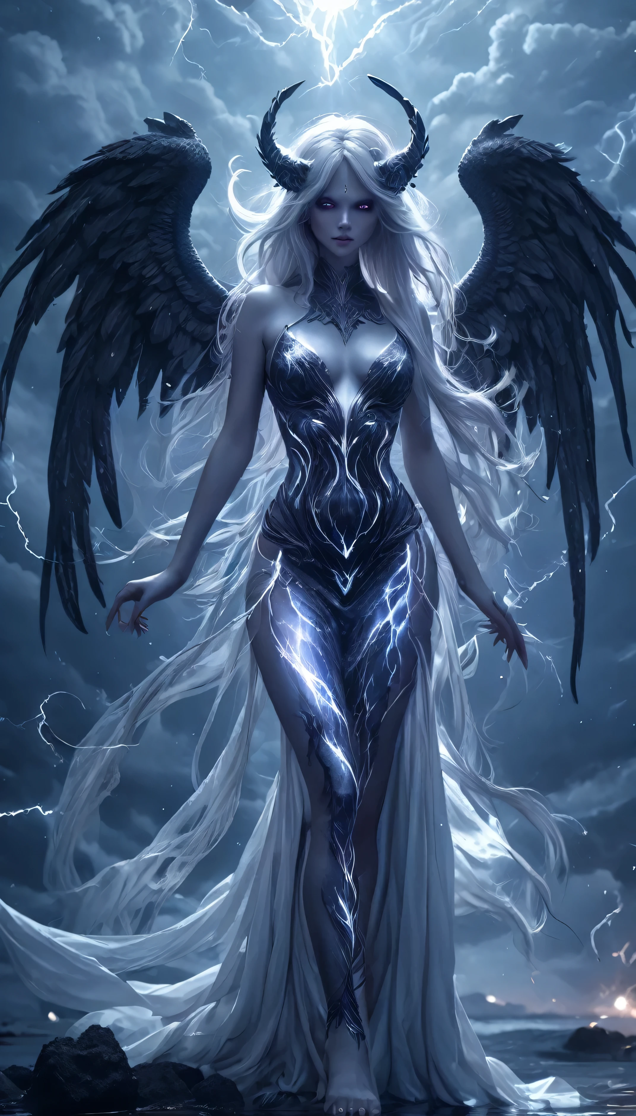 Full body shot, sexy Demoness, busty, ((highest quality)),(ultra high resolution),(Super detailed),(detailed description),((best CG)),(best work of art),super precision art,amazing drawing art,(Fantasy art with intricate detail:1.5), A spear of light that pierces heaven and earth,Lightning emanating from the aurora cuts through the night sky,Angels blowing the trumpets of the end, naked, nude, pubic hair