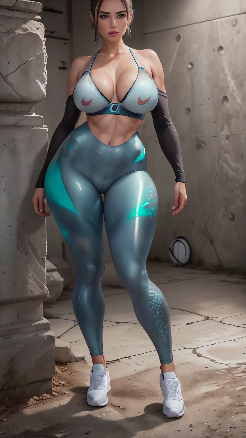 (best quality,4k,8k,highres,masterpiece:1.2),ultra-detailed,(realistic,photorealistic,photo-realistic:1.37),sexy girl with big breasts,athletic body,gray hair and green eyes,wearing a blue and cyan leggings,white bra, Nike sneakers
