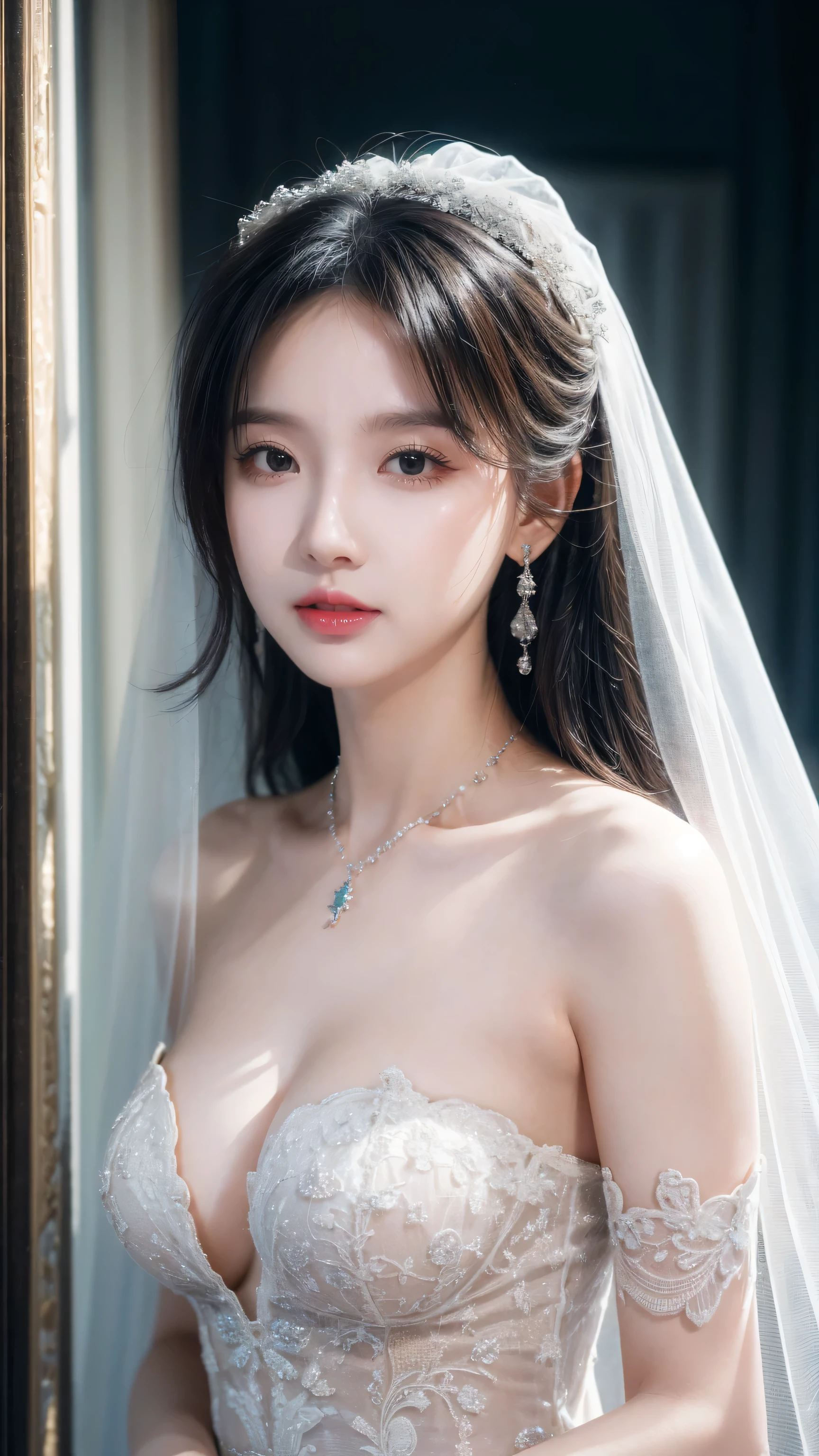 (masterpiece), best quality, best quality, Highly detailed CG Unity 8k wallpaper, The original, high resolution, (Depth of Field: 1.5), Honesty: 1.3, breast, bride portrait style, 1 girl, curtain, veil , bridal veil, Wedding dress, curtain, jewelry, Solitary, earrings, teeth, bride, Black_hair