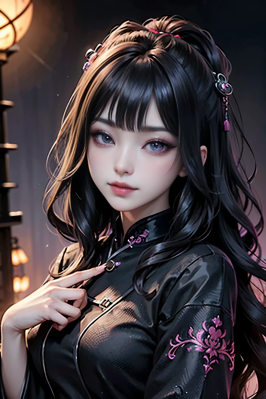 2girls、best quality、ultra-detailed、4k、Japanese、Seductive beauty、seductive adult woman、Pretty Woman、cool girl、Villainess、Brainwashed、brainwash、Fallen into evil、smirk、Evil look、Wicked Smile、evil、Brown hair、wavy hair、swept bangs、dark makeup、dark makeup、piercing eyes、hollow eyes,half-closed eyes、Hollow Eyes、Purple Eyeshadow、black lipstick、black lipglos、Long Black Cheongsam、Wide sleeves、night、Eerie Citadel、makeup brush、Make up、Are standing、