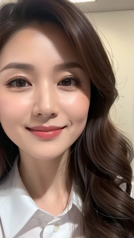 ((highest quality, 8k, masterpiece, Portraiture: 1.3)), (Observe the audience), (Tabletop), ((Close-up of face))、魅力的なビジネスのMature Woman, 1 person, A little chubby:0.35,Brown wavy hair、 White collared shirt, (Large pelvis:0.8), smile:0.2, president'office,Good posture、(((Mature Woman))), (((56 years old))),