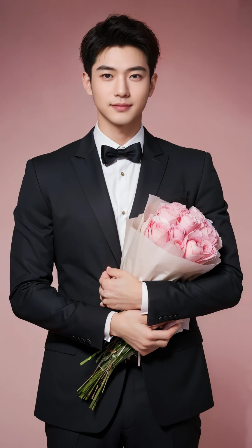 (hlaf body potraid:1.3),front view,cute,smile,Superior Quality, Masterpiece, beautiful hand,Ultra High Resolution,(Photorealistic: 1.4),Portrait of a handsome young man wearing black suit inside pink studio room with lots of flowers, he is holding a bundle of red roses to celetrate valentine's day,valentine style,plain background,front view