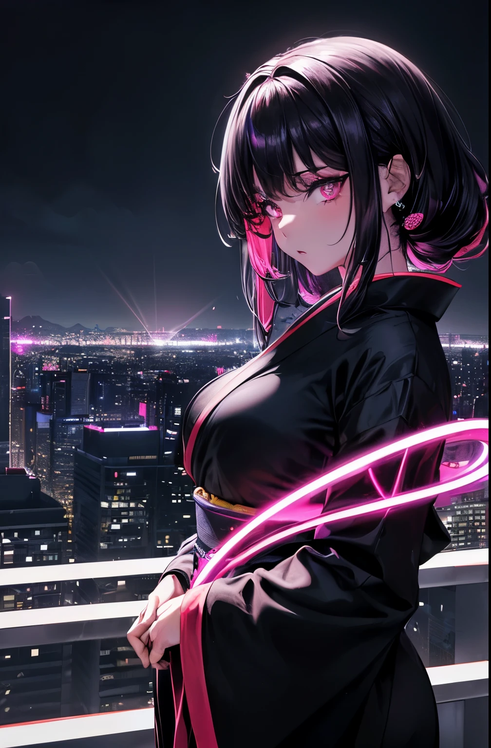 anime, (obra de arte, melhor qualidade, ultra-detalhado, alto contraste), 1 mulher (Sozinho, corpo todo, corpo plus size, standing on the edge of the skyscraper, cabelo prateado, CABELO LONGO E FLUXO, olhos vermelhos brilhantes de rubi, (Kimono preto, black cybernetics with neon pink), meias pretas transparentes), (skyscraper roof, com vista para uma cidade, fundo detalhado ((night time, Darkness, low light pollution)))