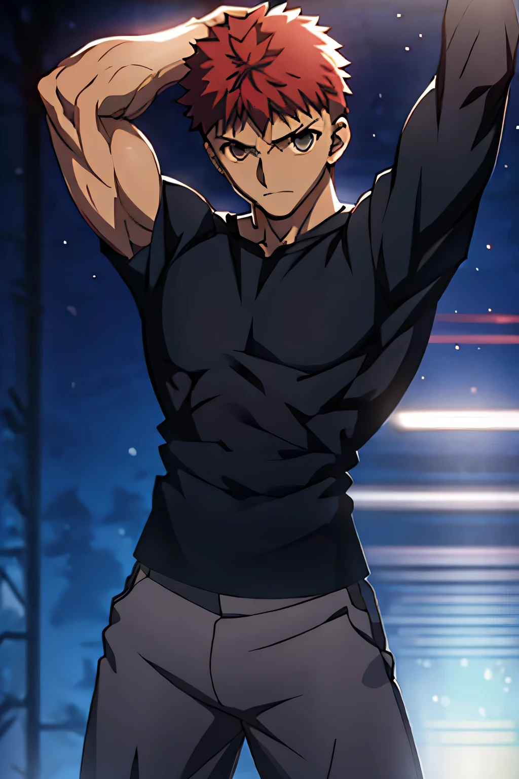 Emiya Shirou is flexing his biceps while his black tshirt is lifted up. His tshirt has short sleeves.