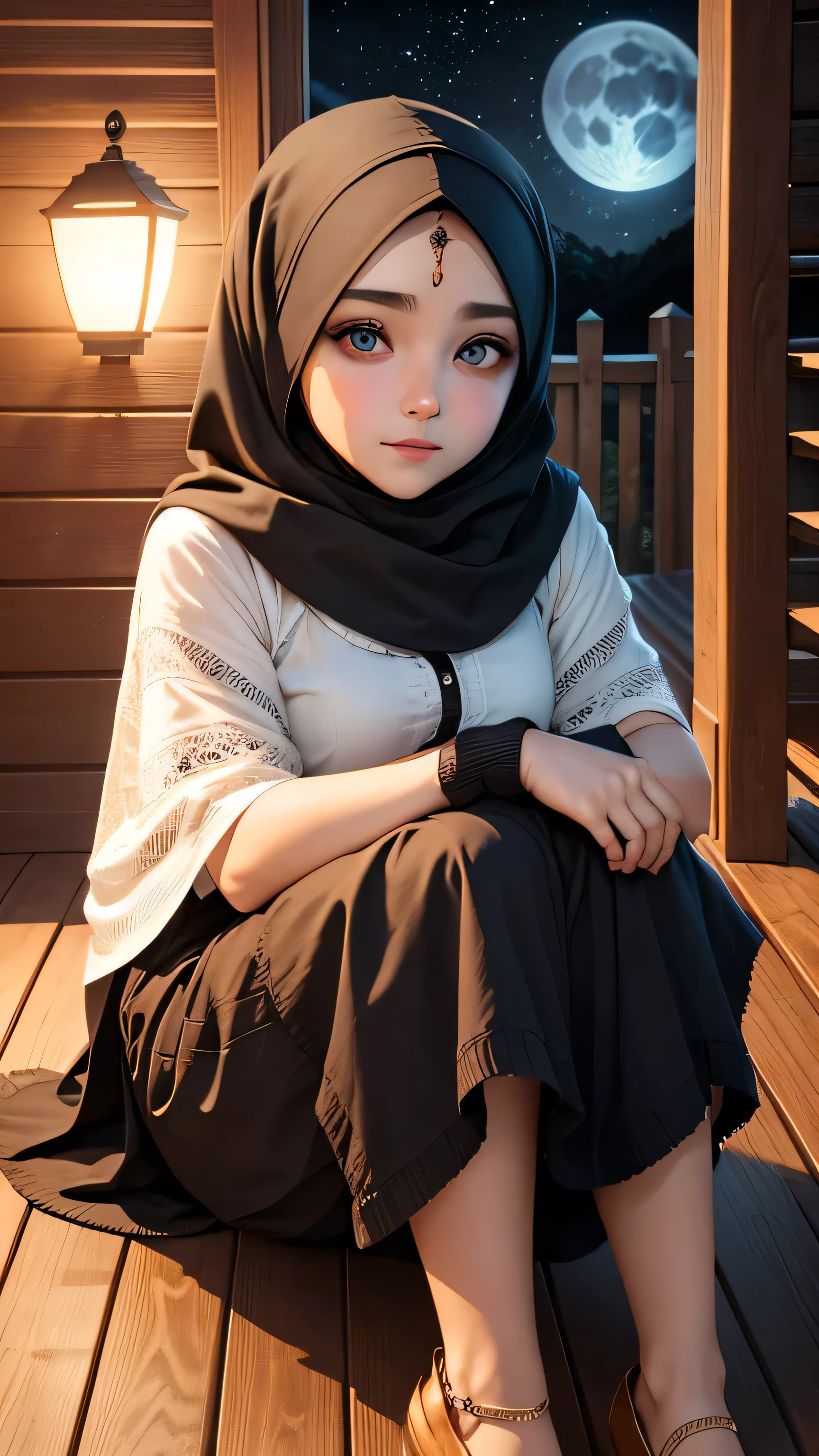 Stunningly beautiful face,beautiful symmetrical eyes , wearing hijab , dimple , sitting on wooden stairs of front porch wooden house, night time ,full moon