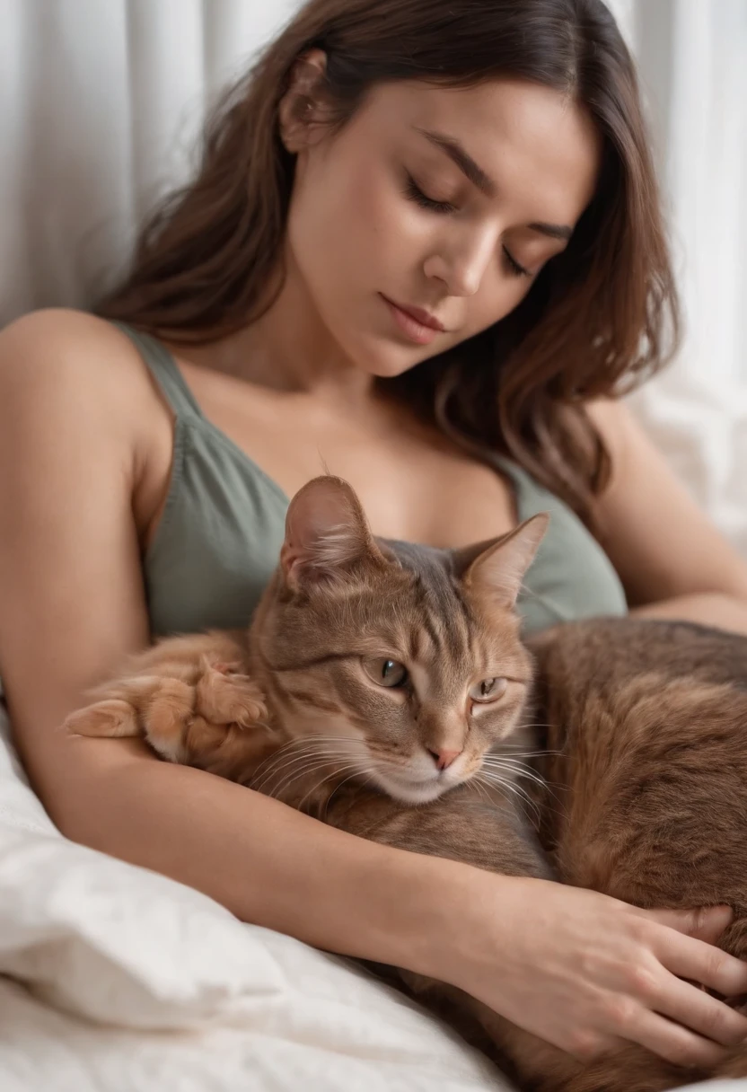 a medium dark tan woman dressed in a deep V-neck cami top, sleeping on bed holding a cat on her stomach, 80s style, half-body shot, high-quality photo