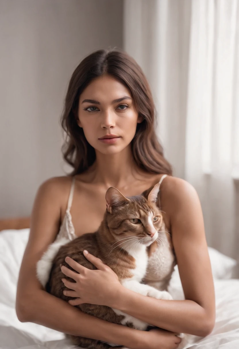 a medium dark tan woman dressed in a deep V-neck cami top, sleeping on bed holding a cat on her stomach, 80s style, half-body shot, high-quality photo