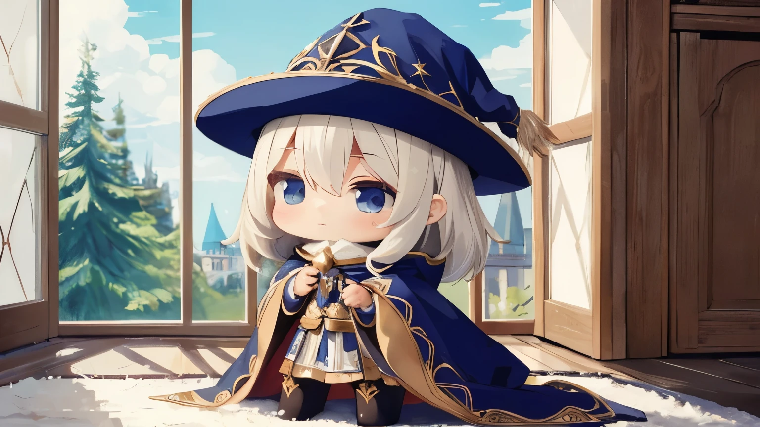 ((highest quality)), ((masterpiece)), (detailed), Cute , Wizard's Clothes, Wizard's Hat, universe, star, Red Eyes, bell, Green medium-long hair, Magic book,