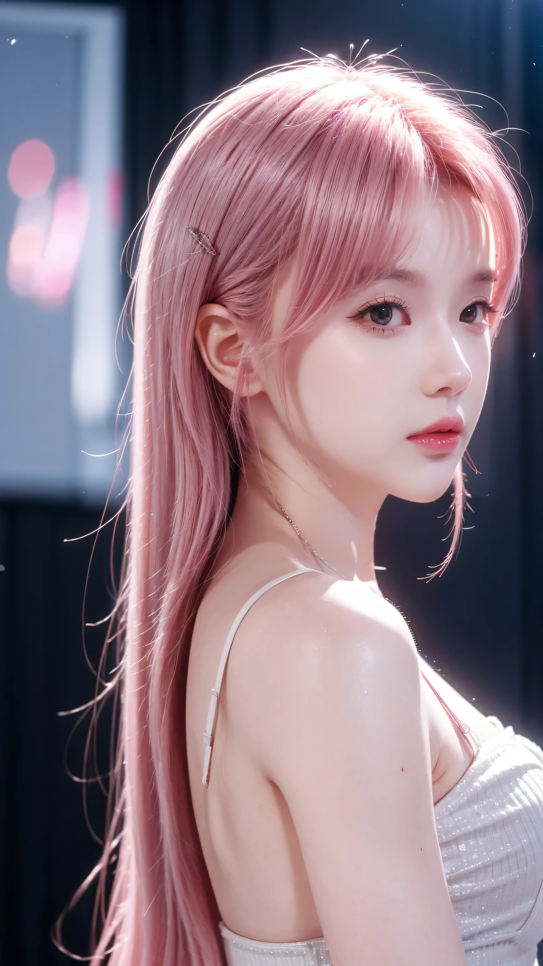 Pink Hair,Long hair,Single side lock hairpin blush modern movie lighting,Ray Tracing,Projection wide angle lens UHD,textured skin,High Detail,Best quality 4K