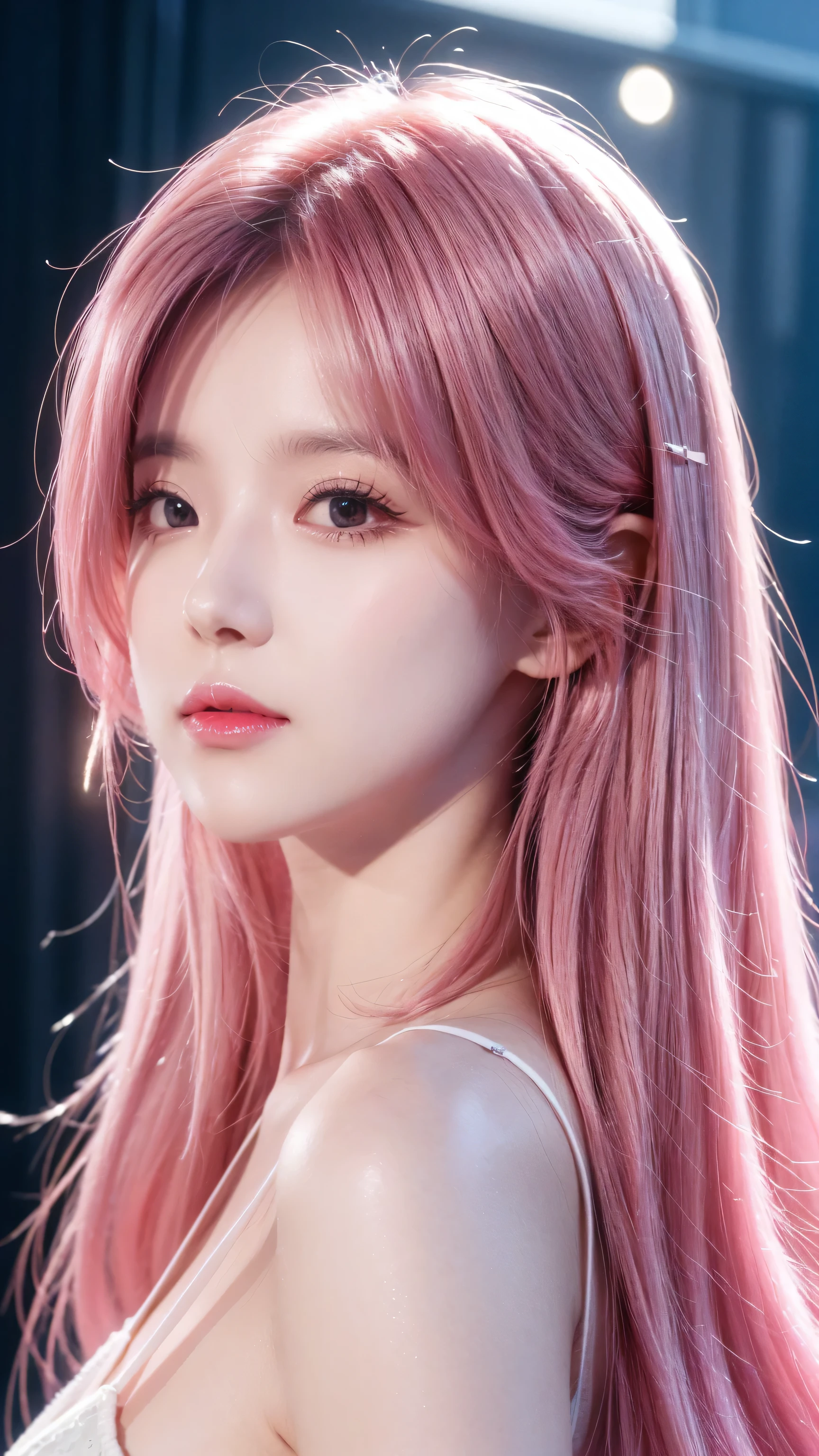 Pink Hair,Long hair,Single side lock hairpin blush modern movie lighting,Ray Tracing,Projection wide angle lens UHD,textured skin,High Detail,Best quality 4K