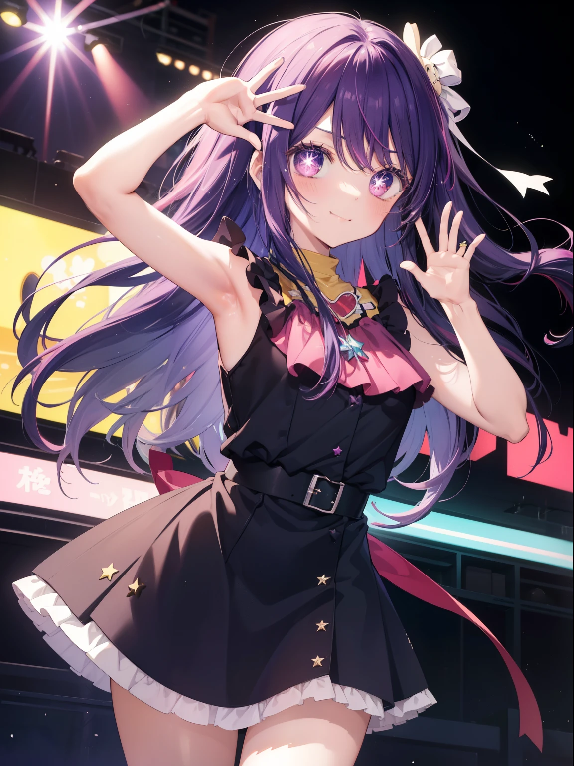 Hoshino Ai、Good looking girl (Long purple hair with square bangs, One-eyed star,blush, Perfect Face), independent , Looking at the camera, masterpiece, Anime art style, Cute Characters, Most detailed, high quality、Nico Nico Smile、Show your armpits、Long Hair、Wear cute clothes、Playing live、Idol Costumes