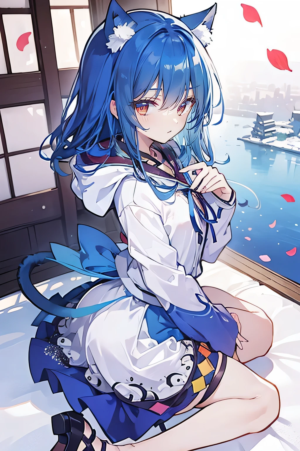 (masterpiece:1.2),Super detailed,lifelike,Expressive eyes,fair skin,perfect face shape,1 girl,
Japanese comics,Gorgeous blue hair,flowing blue hair,flowing clothes,Cat ears,Petals fall,beautiful lola,Baby Angel,sunrise,
Shaking head with one hand,Cross your legs,Gentle and peaceful background,The pavilion is cool and comfortable,smile, wearing hoodie, background of tokyo,back views,snowing, winter.