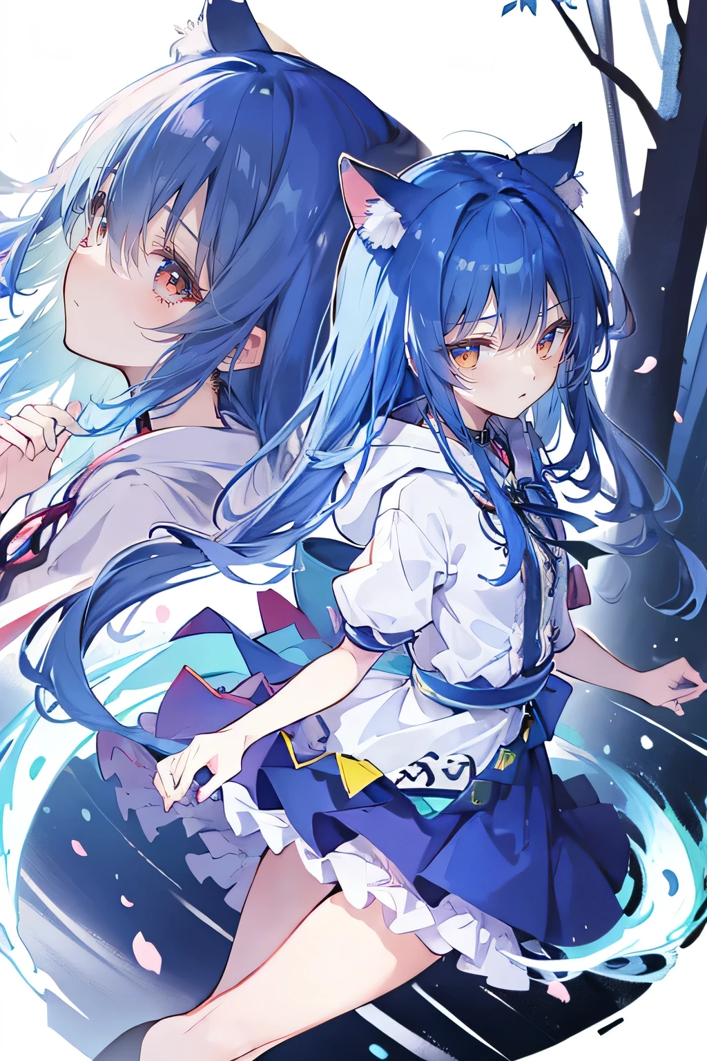 (masterpiece:1.2),Super detailed,lifelike,Expressive eyes,fair skin,perfect face shape,1 girl,
Japanese comics,Gorgeous blue hair,flowing blue hair,flowing clothes,Cat ears,Petals fall,beautiful lola,Baby Angel,sunrise,
Shaking head with one hand,Cross your legs,Gentle and peaceful background,The pavilion is cool and comfortable,smile, wearing hoodie, background of tokyo,back views,snowing, winter.